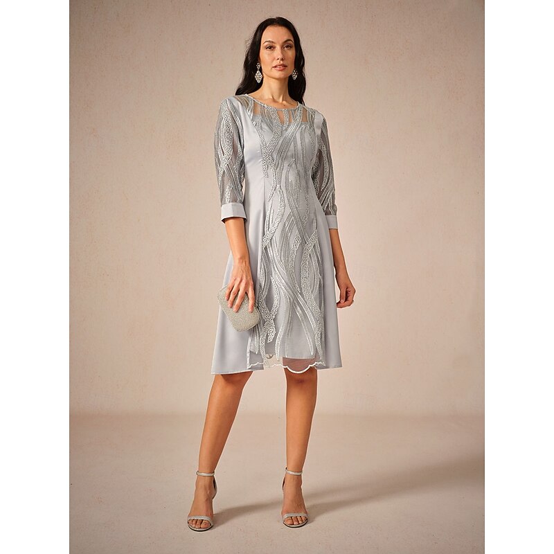 Women's Knee Length Dress Lace Dress Elegant Wedding Guest Date Regular Fit Solid Color 3/4 Length Sleeve Crew Neck Gray Summer4