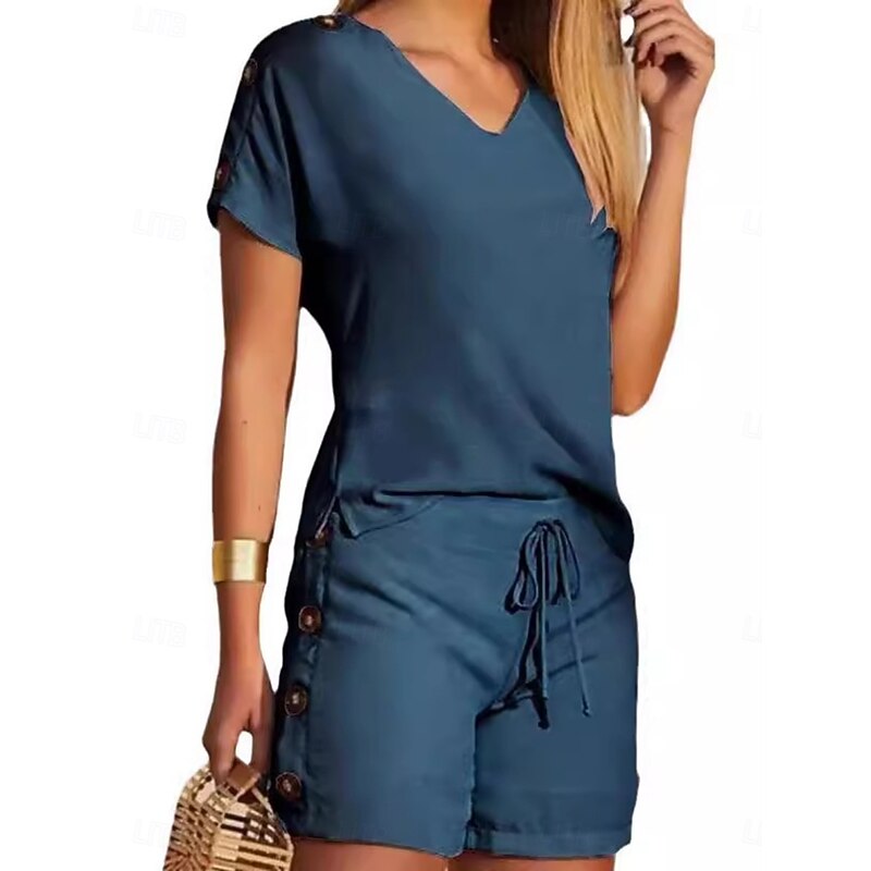 Women's 2 Pieces Fashion Streetwear Daily Shorts Sets Short Sleeve V Neck Geometric Plain Drawstring Print Casual Daily Yellow Blue Orange Summer Regular Fit2