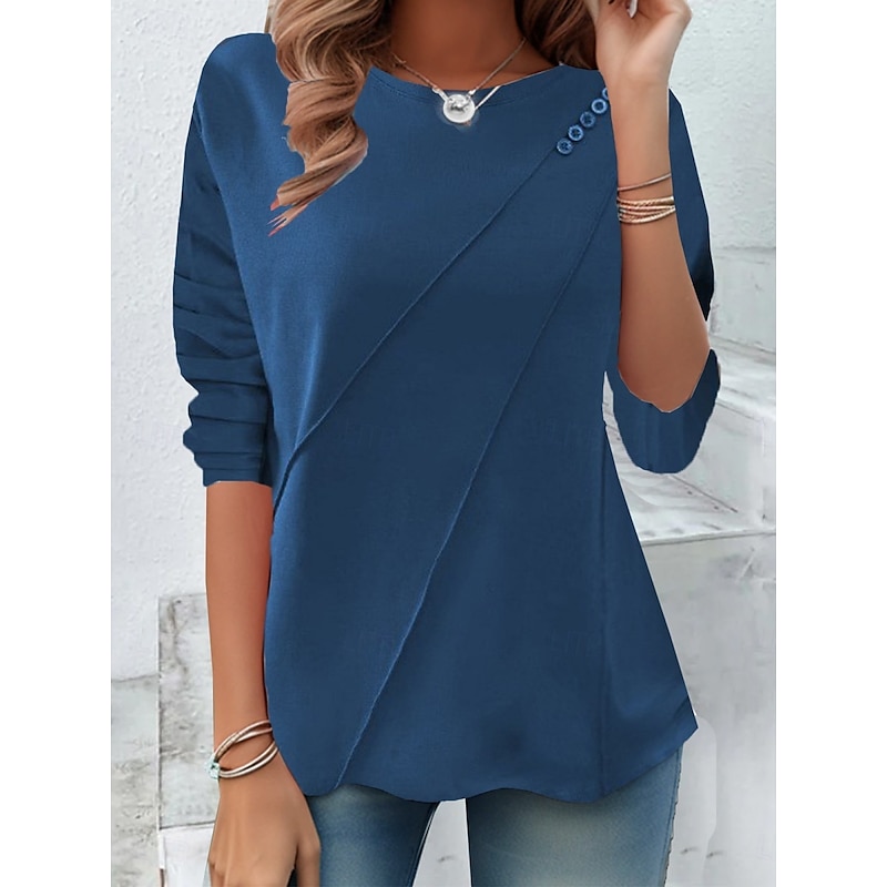 Women's T shirt Long Sleeve Solid Color Stylish Casual Long Sleeve Crew Neck Regular Tops Daily Buttons Black Yellow Red Blue  Spring Prefall