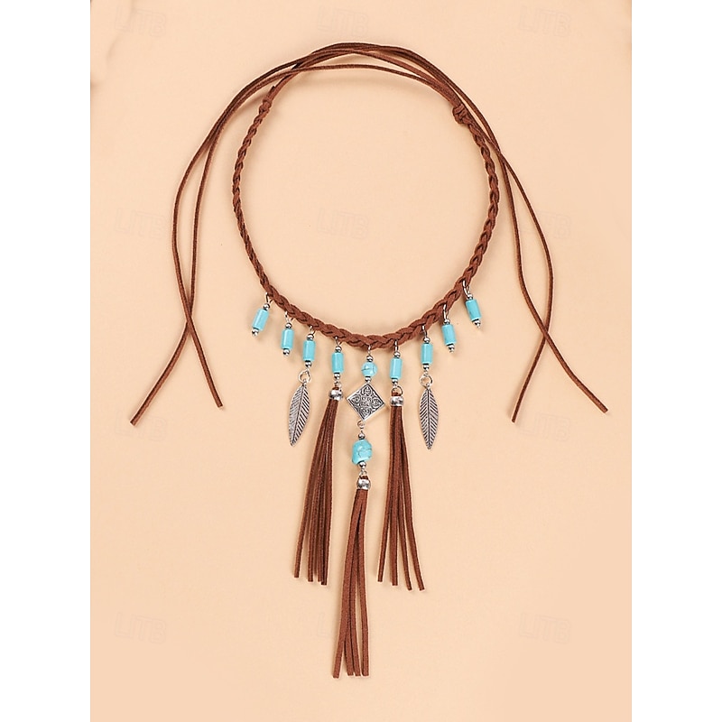 Women's Bohemian Braided Leather Necklace with Turquoise Beads, Feathers and Tassels - Perfect for Music Festivals and Holiday Outfits4