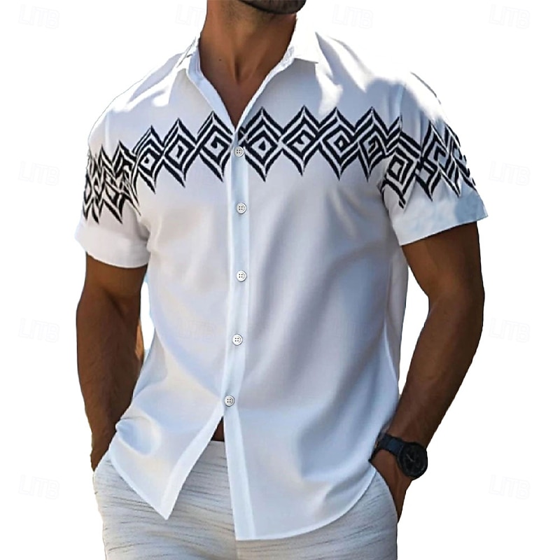 Men's Geometric Grid / Plaid Shirt Casual Shirt Button Up Shirt Short Sleeve Fashion Casual Outdoor Vacation Streetwear Summer Spring Turndown 3D Print Collared Shirts White2
