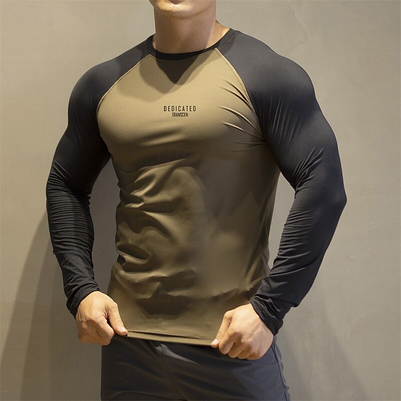 Men's Gym Shirt Compression Shirt Fitness Shirt Crew Neck Long Sleeve Casual Daily Gym Quick dry High Stretch Sweat wicking Patchwork Color Block Navy Blue Blue Hot Stamping Activewear Polyester