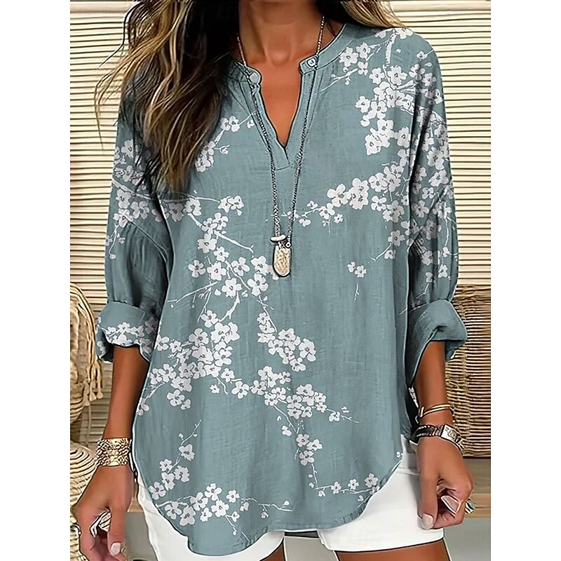 Women's Blouse Tunic V Neck Long Sleeve Boho Casual Tops Floral Graphic Vintage Tropical Regular Tops Daily Wear Print Pink Navy Blue Blue Green Khaki