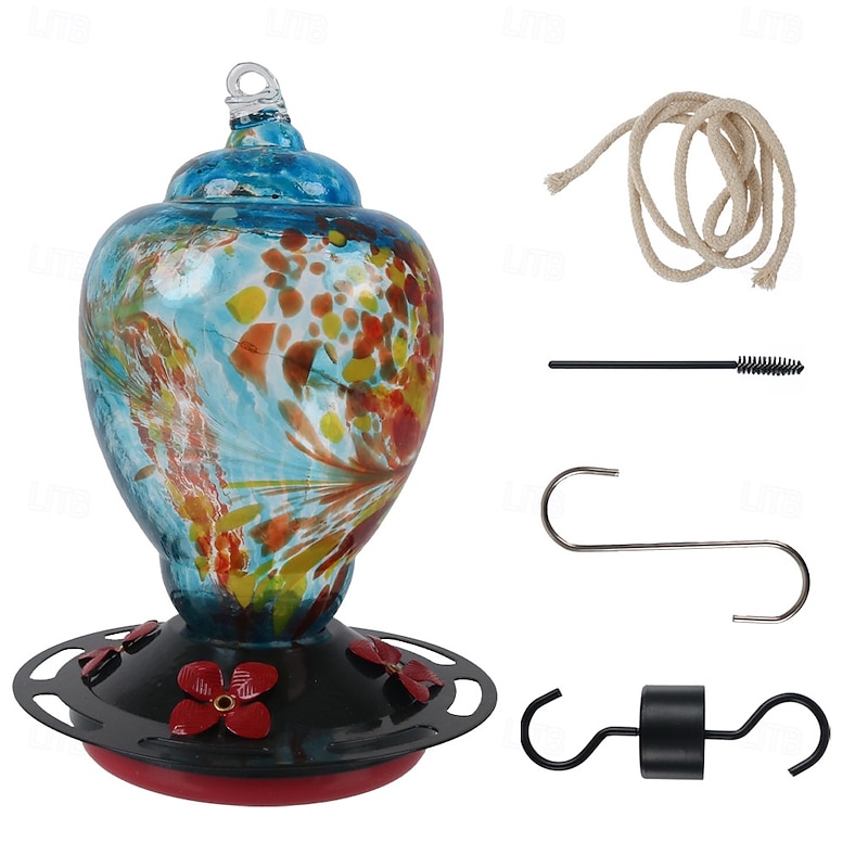 Hummingbird Feeder with Ant-Proof Hook, Hand-Painted Glass & Plastic Flower Design, Outdoor Bird Feeding Station3