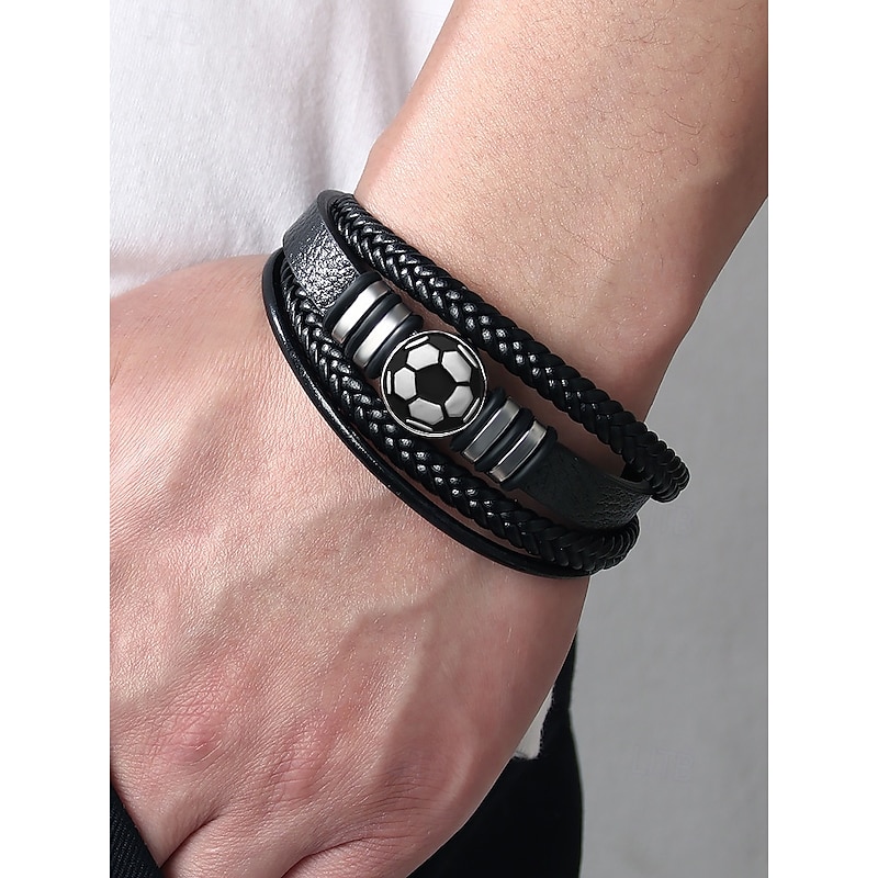 Men's Soccer Bracelet – Black Faux Leather Braided Wrap Bracelet with Football Charm, Sports-Inspired Jewelry for Casual Wear & Gifts2