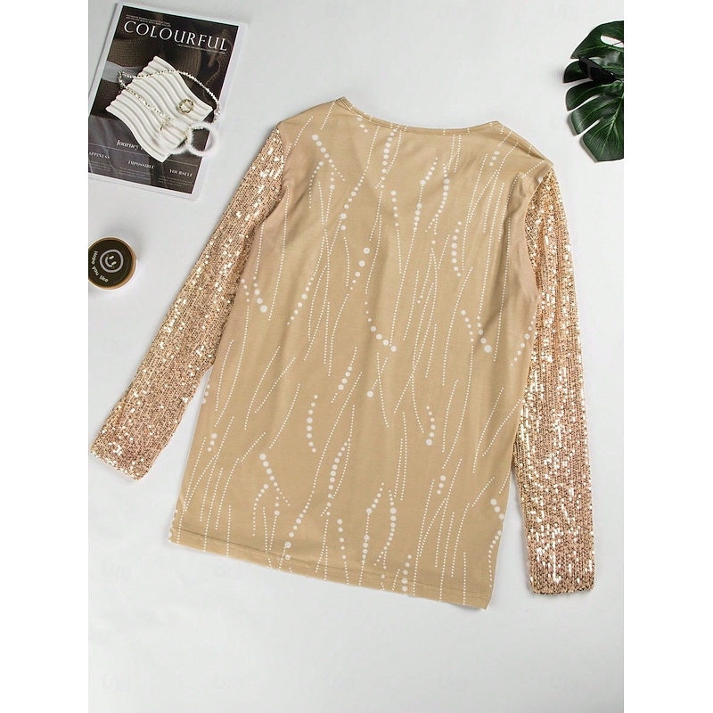 Women's Shirt Blouse Metallic Basic Sparkly Print Long Sleeve Regular Tops V Neck Party New Year Yellow Gray Spring Fall2
