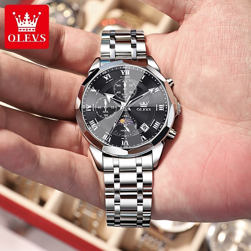 OLEVS 3675 Original Business Men Watch HD Rhombus Mirror Waterproof Moonphase Timing Watch Top Luxury Fashion Men Watch3