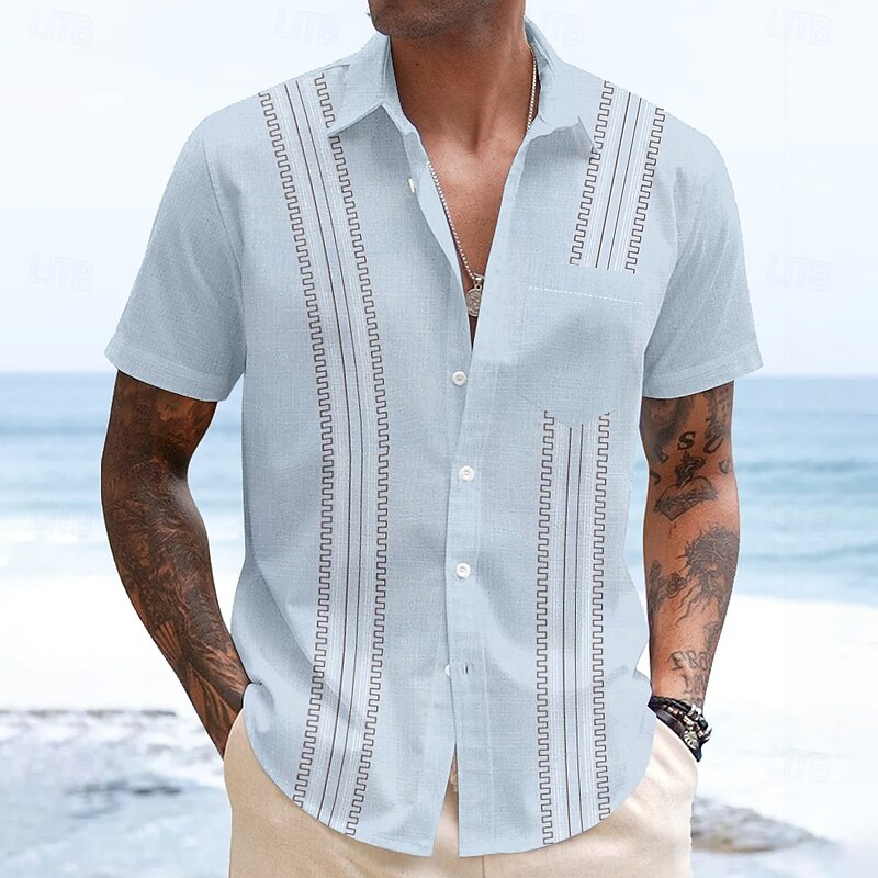 Men's Geometric Shirt Guayabera Shirt Button Up Shirt Short Sleeve Fashion Casual Vacation Dailywear Beach Wear Summer Spring Turndown 3D Print Collared Shirts Front One Pocket White Pink Blue