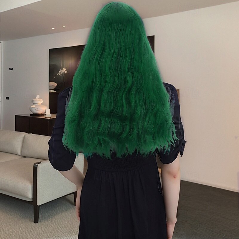 Synthetic Wig Wavy Curly Weave Layered Haircut With Bangs Machine Made Wig 16 inch A1 Synthetic Hair Women's Classic Comfortable Color Gradient Green4
