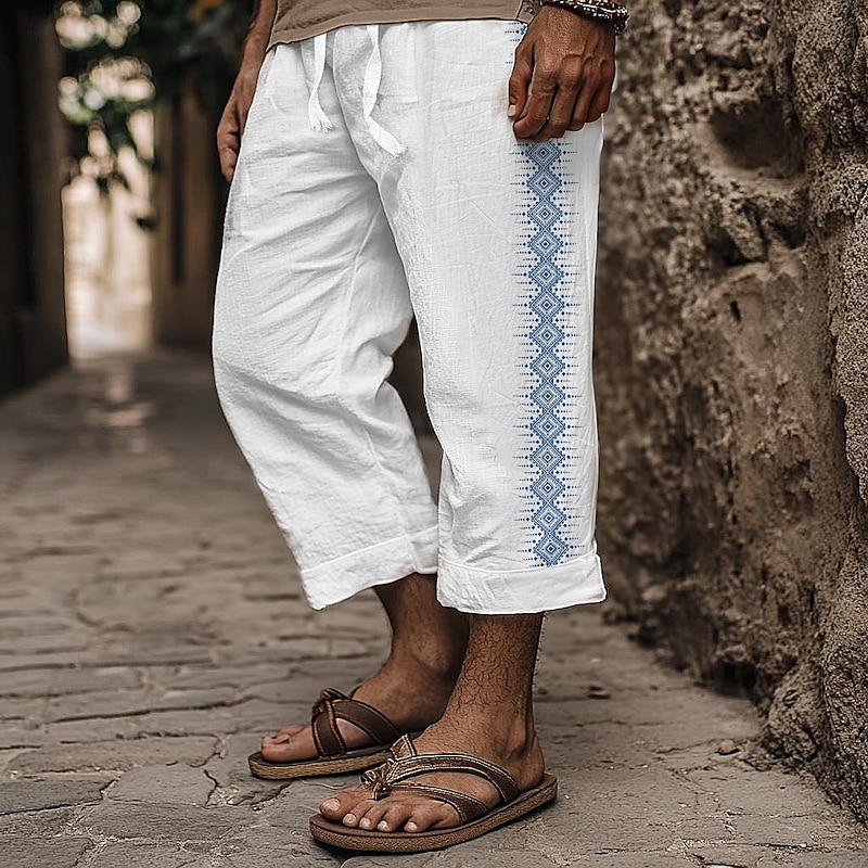 Men's Linen Pants Capri Pants Trousers Summer Pants Beach Pants Pocket Elastic Waist Plain Comfort Breathable Vacation Daily Holiday Hawaiian Boho White