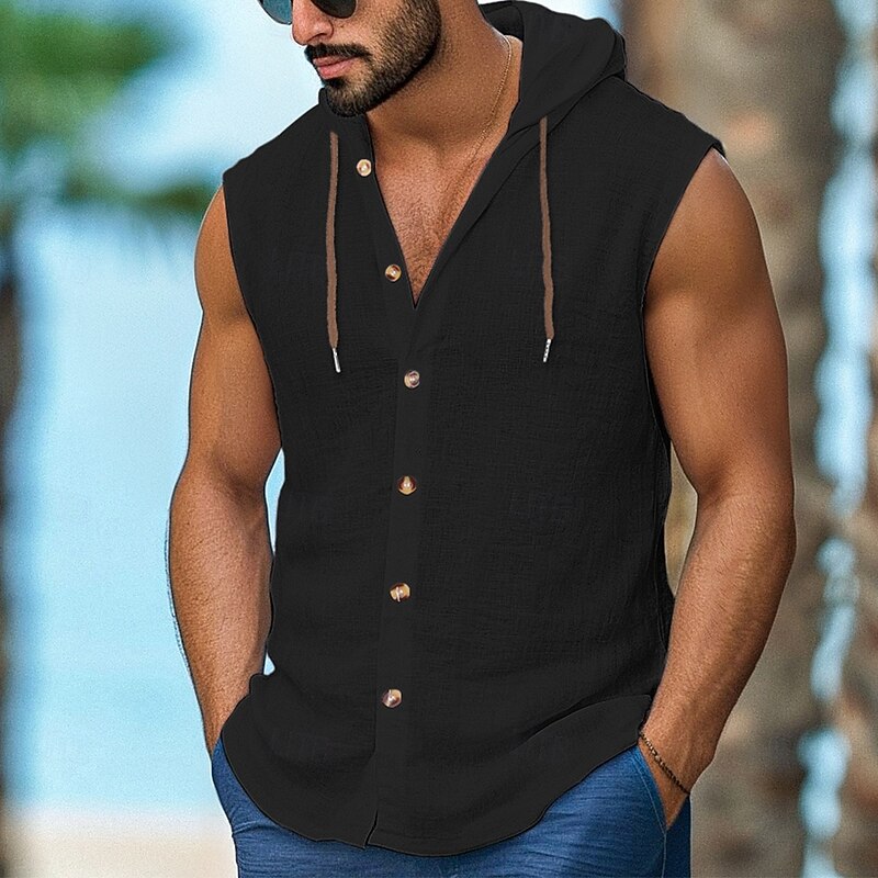 Men's Shirt Linen Shirt Casual Shirt Button Up Shirt Untucked Shirts Plain Vacation Street Black White Navy Blue Brown Sleeveless Hooded Summer Clothing Apparel Adjustable Drawstring Hood4