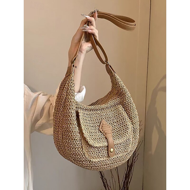 Women's Large Capacity Handmade Woven Straw Saddle Bag Shoulder Bag - Bohemian Crossbody Bag with Front Pocket, Summer Beach Tote Bag, Casual Travel Tote Bag for Vacation, Shopping and Daily Use