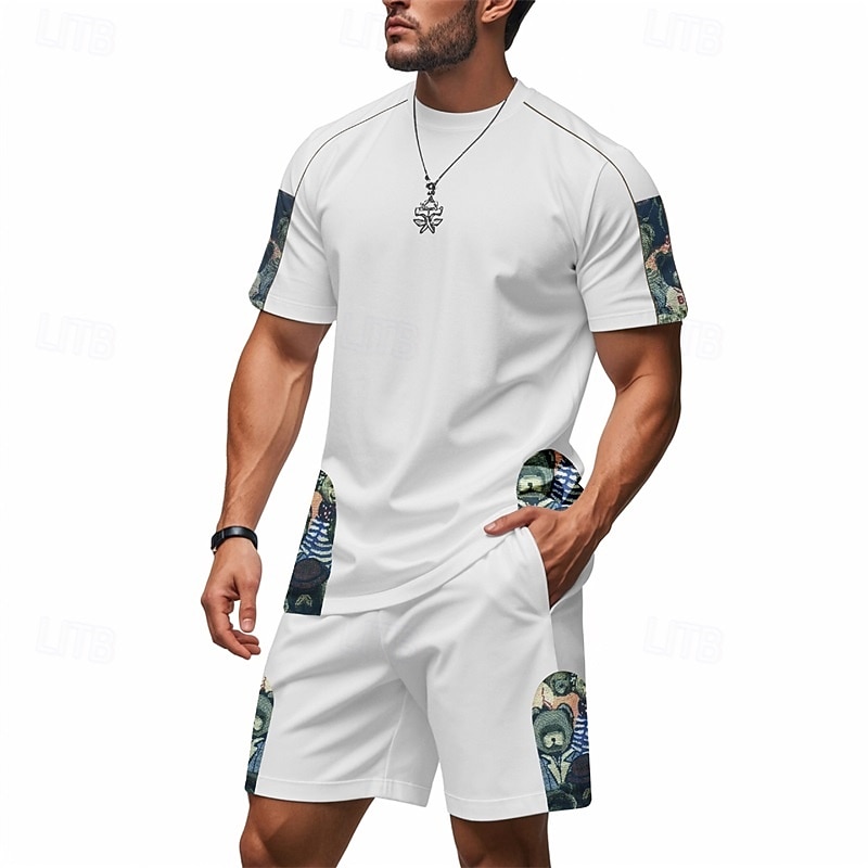 Men's T-shirt Suits 2 Pieces Outfits Tee & Shorts Short Sleeve Crew Neck Summer Graphic Fashion Casual 2 Piece Vacation Daily Wear Going out Black White Brown Top Tee for Men