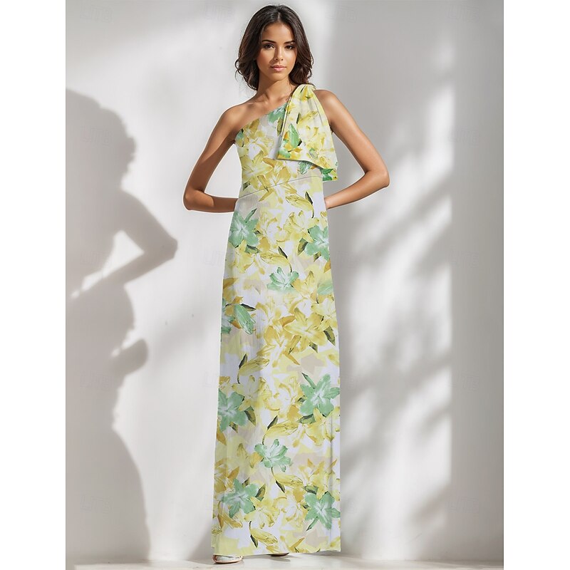 Sheath / Column Evening Gown Elegant Dress Formal Wedding Floor Length Sleeveless One Shoulder Satin with Floral Print Bow(s) Wedding Guest Dress4