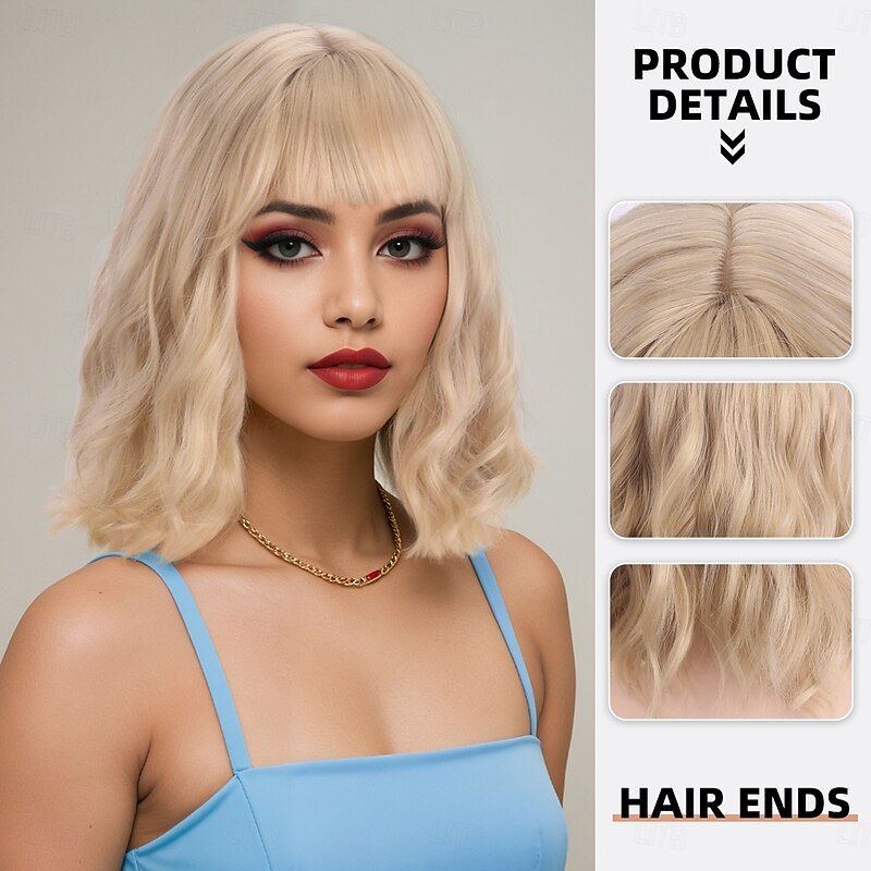 Synthetic Wig Wavy Curly Weave Asymmetrical Neat Bang Machine Made Wig 14 inch A1 Synthetic Hair Women's Classic Comfortable Color Gradient Light Brown2