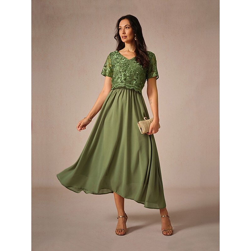 Women's Maxi Dress Lace Dress Wedding Guest Dress Semi Formal Dress A Line Dress Elegant Wedding Guest Cocktail Party Regular Fit Solid Color Short Sleeve V Neck Olive Summer Spring4