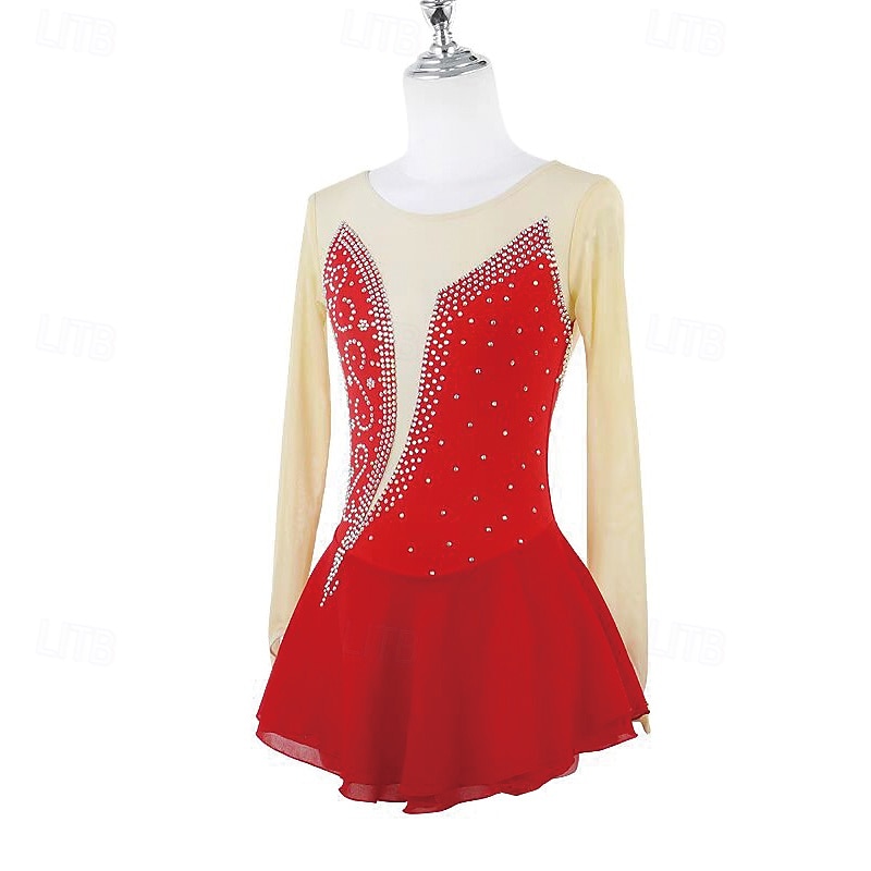 Figure Skating Dress Women's Girls' Ice Skating Dress Red Patchwork Open Back Mesh Spandex Stretchy Training Practice Professional Skating Wear Thermal Warm Crystal / Rhinestone Long Sleeve Ice