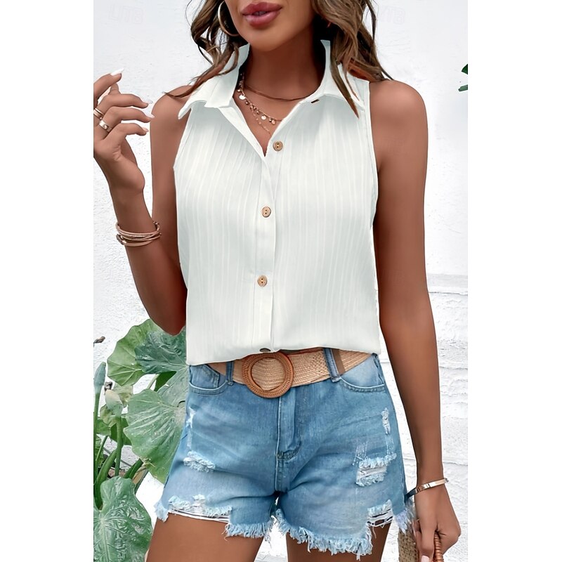 Women's Shirt Blouse Plain Modern Sleeveless Shirt Collar Regular Tops Holiday Going out Buttons Black White Summer2