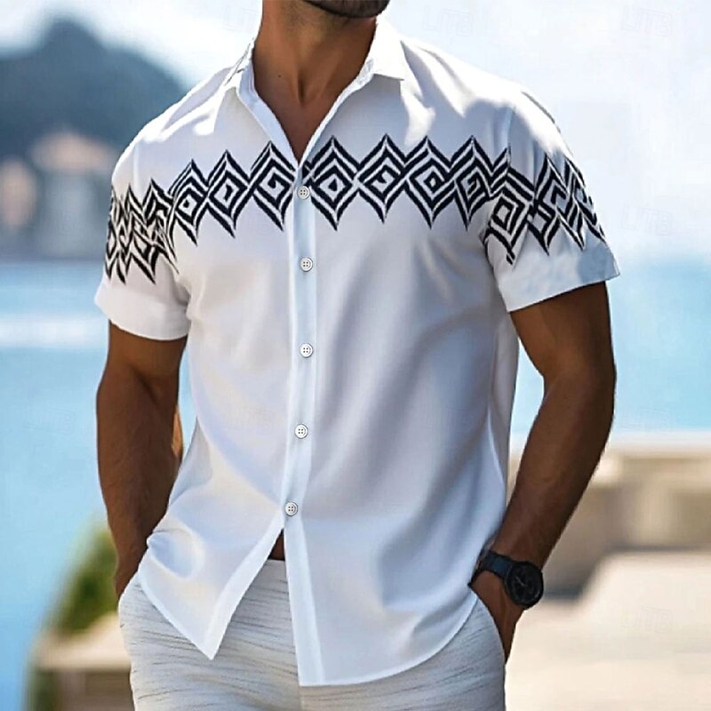 Men's Geometric Grid / Plaid Shirt Casual Shirt Button Up Shirt Short Sleeve Fashion Casual Outdoor Vacation Streetwear Summer Spring Turndown 3D Print Collared Shirts White