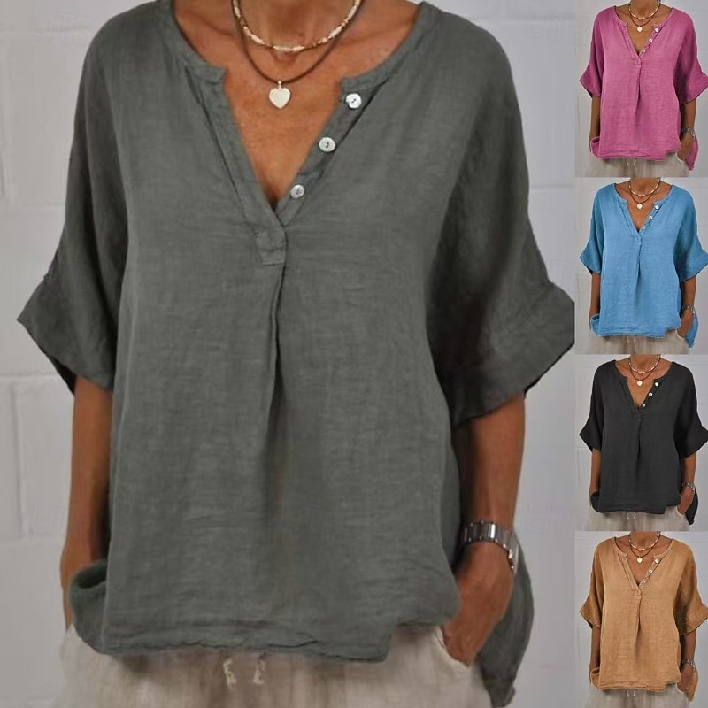Women's Shirt Blouse Cotton Linen Shirts Plain Basic Modern Casual Half Sleeve V Neck Regular Tops Daily Holiday Going out Buttons Black Yellow Rose Pink Gray Light Blue Summer