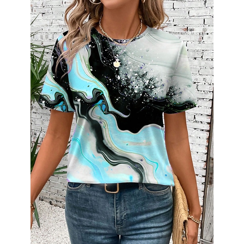 Women's T Shirt Graphic Marble Casual Trendy Short Sleeve Crew Neck Regular Tops Daily Print Blue Purple Orange Green Summer4