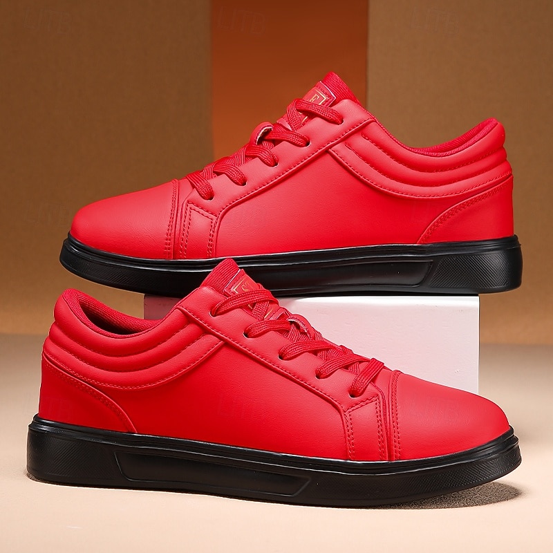 Men's Red Leather Sneakers with Sleek Design - Bold Casual Streetwear for Everyday Comfort3