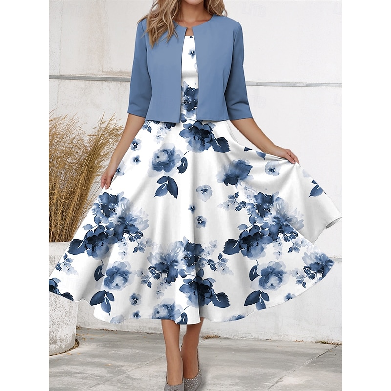 Women's Two Piece Dress Sets Midi Dress with Jacket Elegant A Line Dress Half Sleeve Casual Floral Print Crew Neck Date Pink Blue Purple Regular Fit