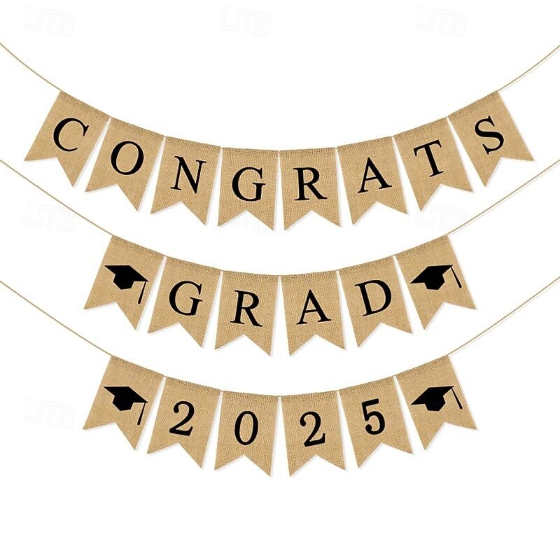 2025 Graduation Party Banner, Vintage Fish Tail Flag, "CONGRATS GRAD" Burlap Pennant Flag for Graduation Party Decorations2