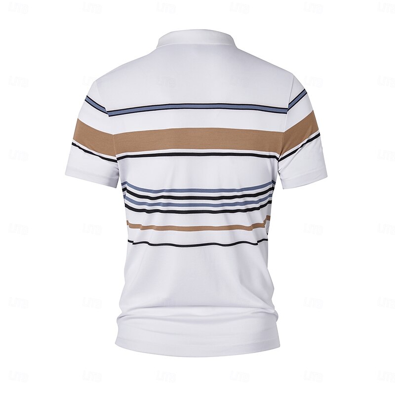 Men's Polo Work Business Turndown Short Sleeve Vacation Vintage Horizontal Stripes Stripe Buttons Summer Spring Black White Polo4