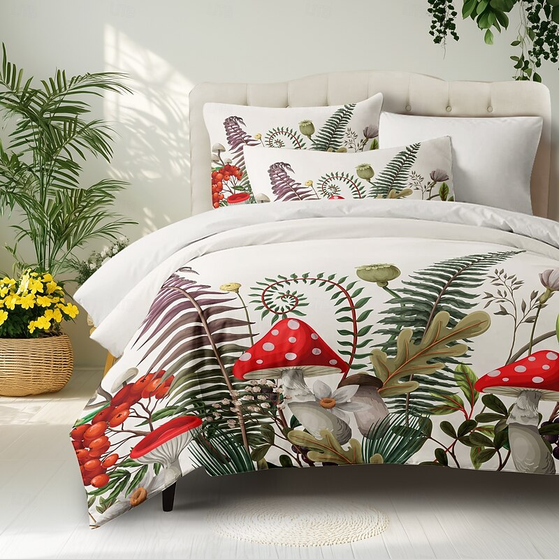 Mushrooms Plants Duvet Cover Full Size Bedding Set Bed Sets Quilt Cover Soft Lightweight Comforter Cover with 2 Pillowcases for Summer Spring3