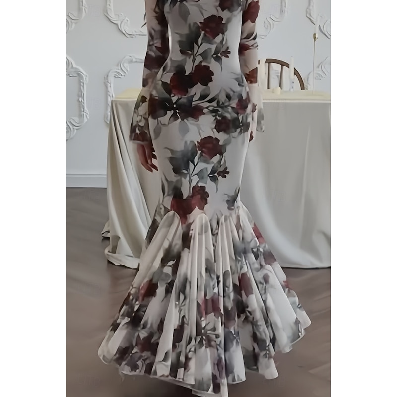 Women's Long Dress Maxi Dress Sheath Dress Floral Dress Print Dress Fashion Elegant Dress Outdoor Holiday Date Regular Fit Flower Long Sleeve Crew Neck Rose Spring4