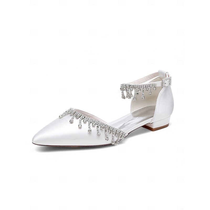 Women's White Satin Ankle Strap Wedding Heels – Pointed Toe Bridal Shoes with Crystal Drop Detail3