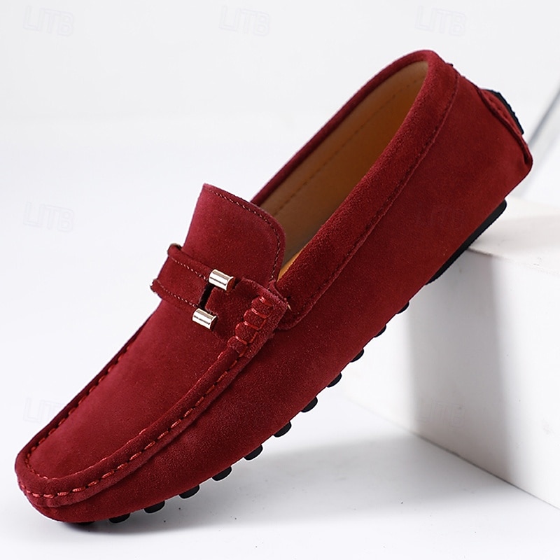 Men's Burgundy Suede Loafers – Slip-On Driving Moccasins with Metal Accent for Casual & Business Wear