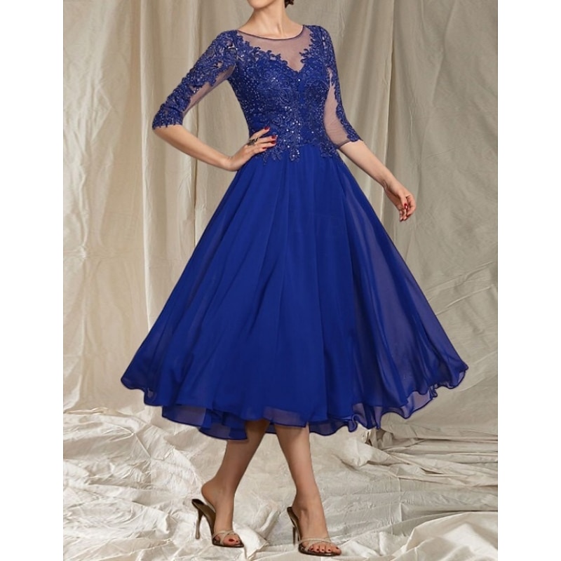 A-Line Mother of the Bride Dress Wedding Guest Elegant Crew Neck Tea Length Chiffon Tulle Half Sleeve with Beading Appliques Midi Dress3