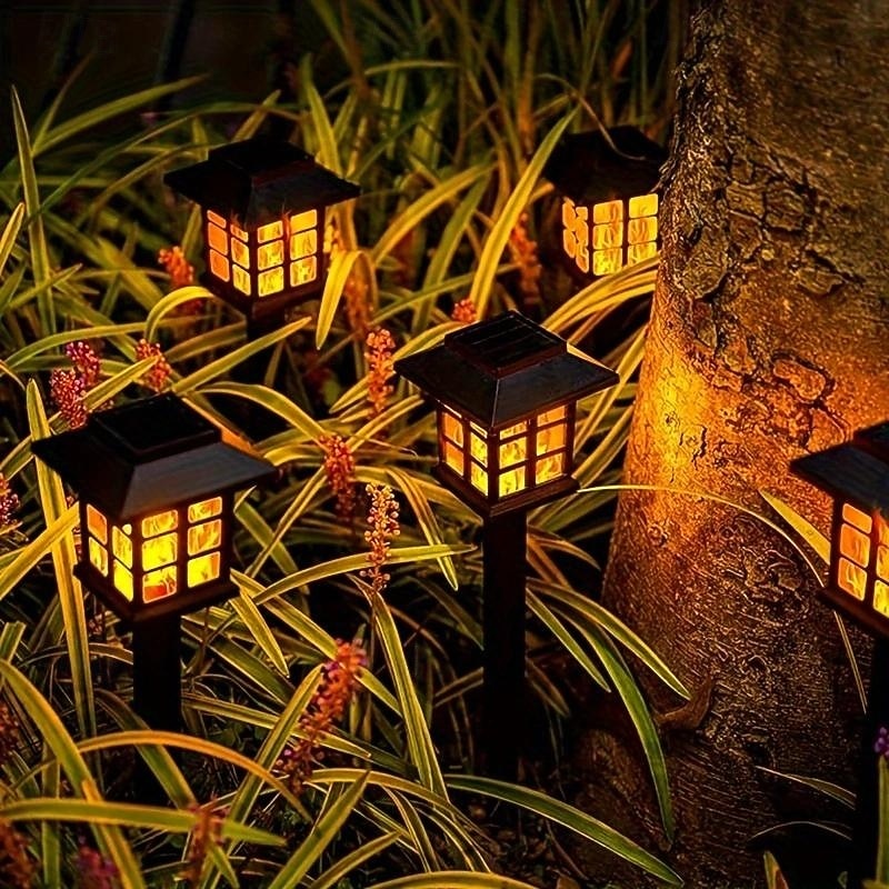6 Pcs Led Outdoor Solar Lights Small House Shaped Floor Mounted Flame Lamp Effect Courtyard Garden Lawn Path Wedding Festival Atmosphere Decoration Lights