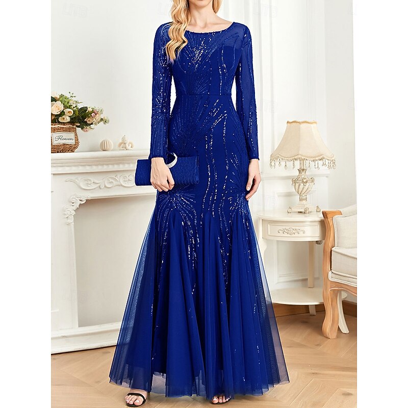 Dress Mother of the Bride Dress Elegant Party Crew Neck Floor Length Cotton Blend Long Sleeve with Sequin3