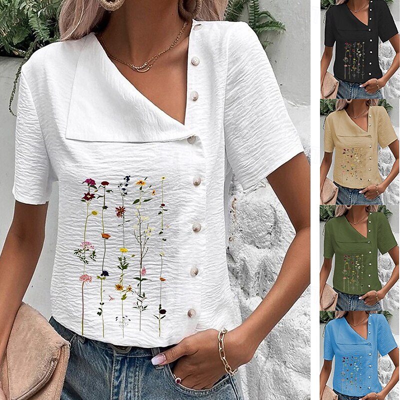 Women's Cotton Linen Shirts Button Up Blouse Flower Basic Casual Short Sleeve V Neck Regular Tops Daily Going out Buttons Print Black White Blue Green Summer3
