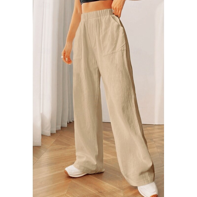 Women's Cotton Linen Pants Slacks Streetwear Casual Full Length Natural Plain Pocket Elastic Waist Outdoor Comfortable Street Going out Black Khaki Summer Regular Fit2