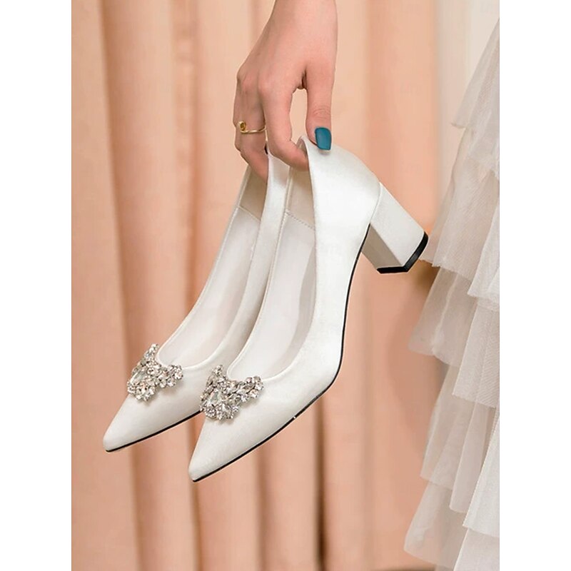 Women's White Block Heel Wedding Pumps – Elegant Bridal Shoes with Crystal Brooch4