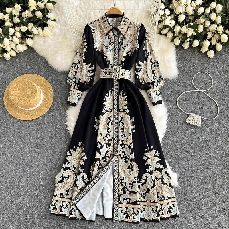 Women's Midi Dress Boho Dress Fashion Holiday Going out Weekend Regular Fit Flower Long Sleeve Shirt Collar Black Blue Apricot Summer4