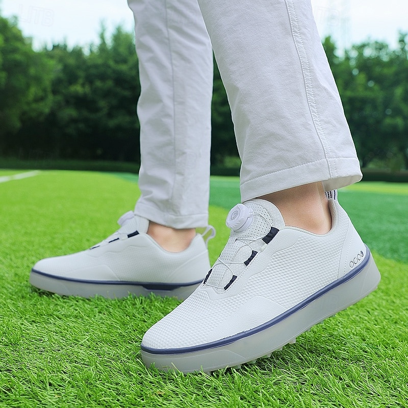 Men's Ultra-Light White Golf Shoes with Blue Accents, Microfiber Material, Comfortable Fit for Pro Golfers