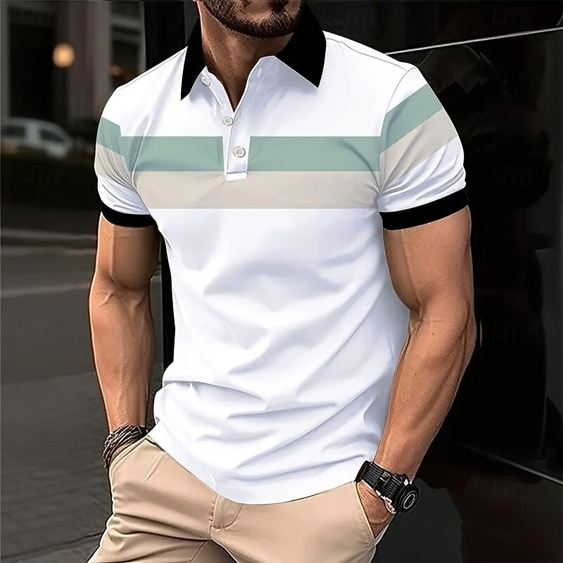Men's Horizontal Stripes Rugby Polo Short Sleeve Polo Shirts Collared Shirts Business Casual School Outdoor Athleisure 3D Print Summer Spring Fall Black White Pink4