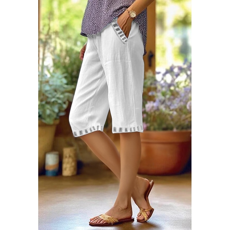 Women's Cotton Linen Pants Slacks Fashion Streetwear Knee Length Natural Plain Pocket Comfy Outdoor Street Daily Going out Light Sky Blue Black White Khaki Summer Regular Fit