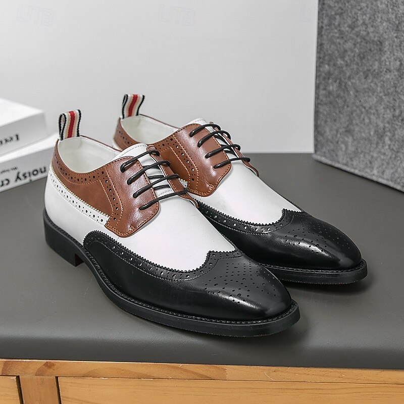 Men's Brown and White Oxford Dress Shoes with Wingtip Design, Classic Two-Tone Faux Leather Shoes for Business, Weddings and Gatsby-Themed Parties4