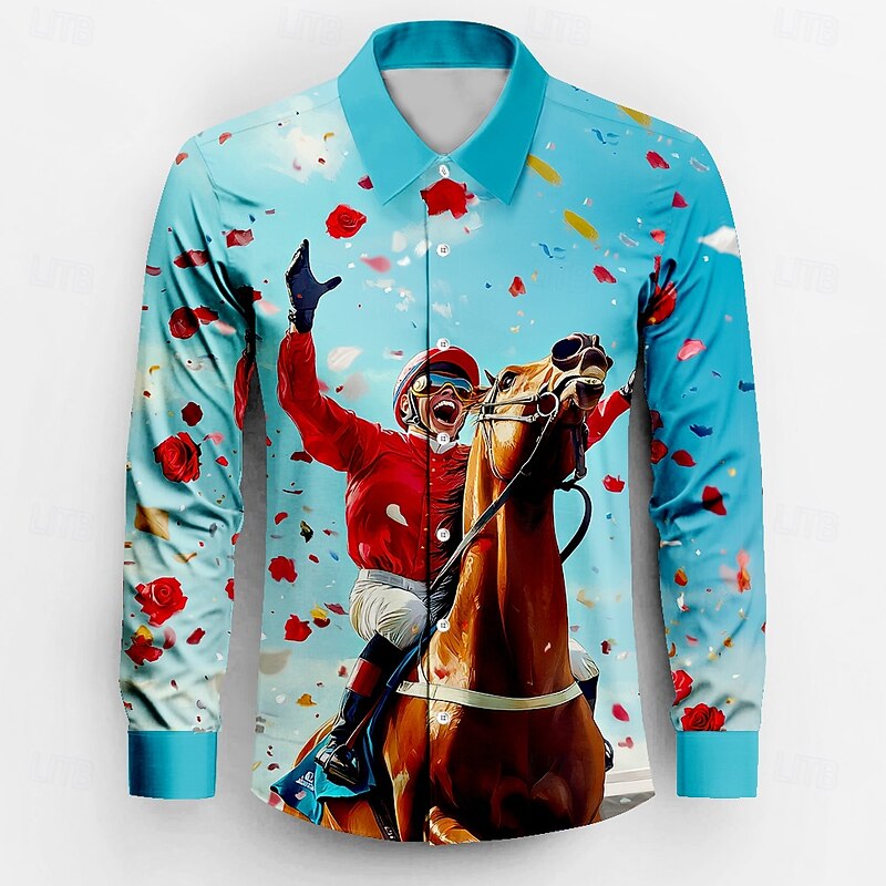 Kentucky Derby Men's Horse Racing Run for the Roses Shirt Button Up Shirt Long Sleeve Vintage Retro Holiday Festival Summer Spring Turndown 3D Print Funny Kentucky Derby Shirts Blue