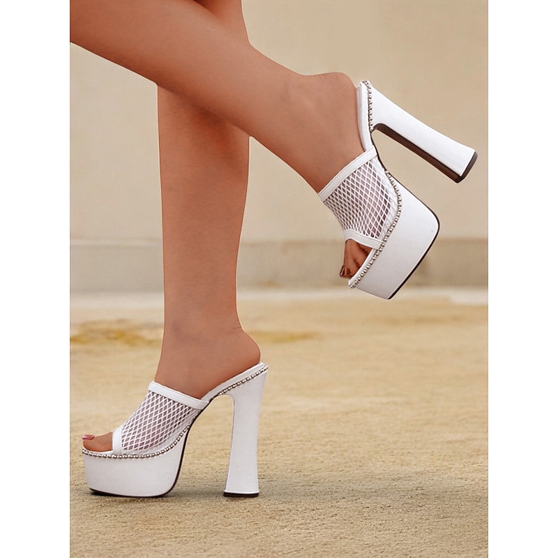 Black Mesh Platform High Heels for Women – Peep Toe Studded Gothic Party Sandals