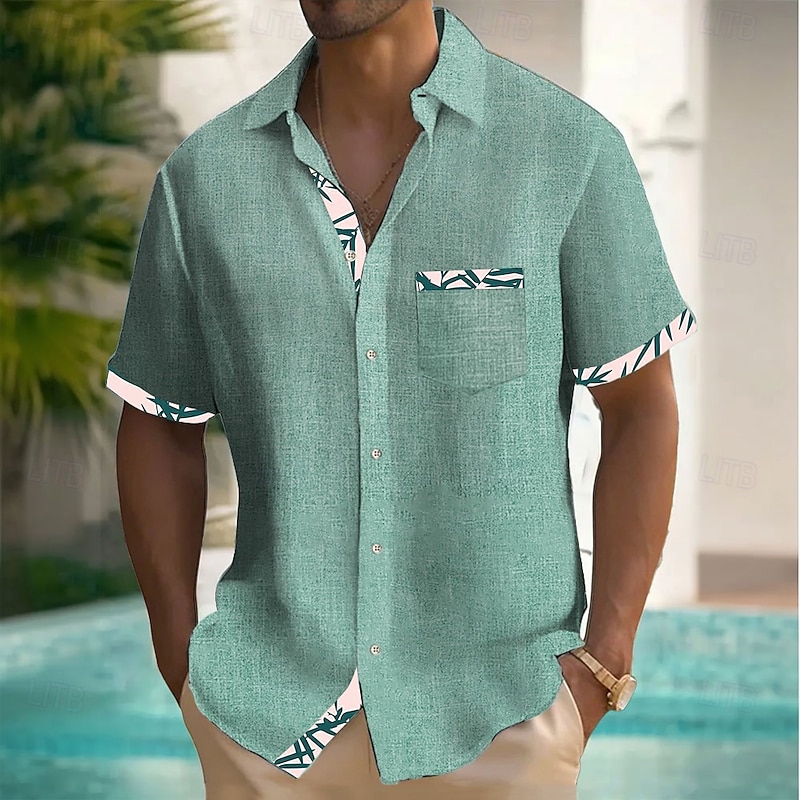 Men's Leaf Tropical Plants Linen Shirt Summer Hawaiian Shirt Button Up Shirt Short Sleeve Hawaiian Resort Vacation Holiday Beach Wear Summer Spring Turndown Collared Shirts Front One Pocket Pink Blue