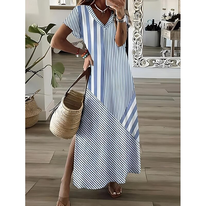 Women's Midi Dress Sundress A Line Dress Summer Dress Vacation Casual Vacation Daily Regular Fit Graphic Striped Short Sleeve V Neck Blue Gray Summer