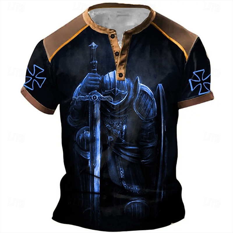 Mens Graphic Shirt Knights Templar Prints Fashion Basic Casual Henley Tee Outdoor Daily Going Blue Brown Gray Short Sleeve Cross Black With Sword And Shield Cotton4