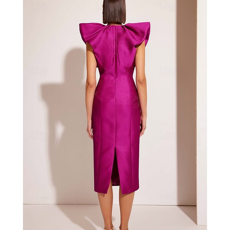 Sheath / Column Cocktail Dresses Elegant Formal Wedding Tea Length Midi Dress Short Sleeve V NeckDress Satin with Pleats3
